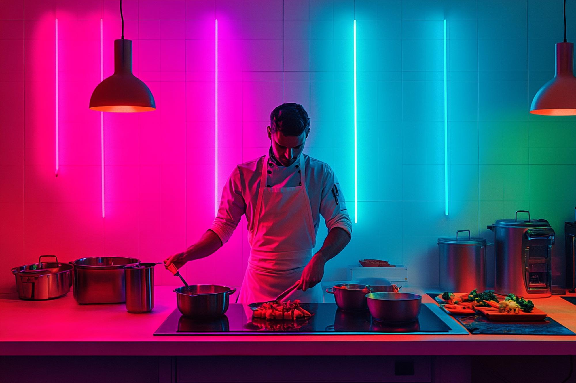 chef plating neon-lit dish with modern plating tools