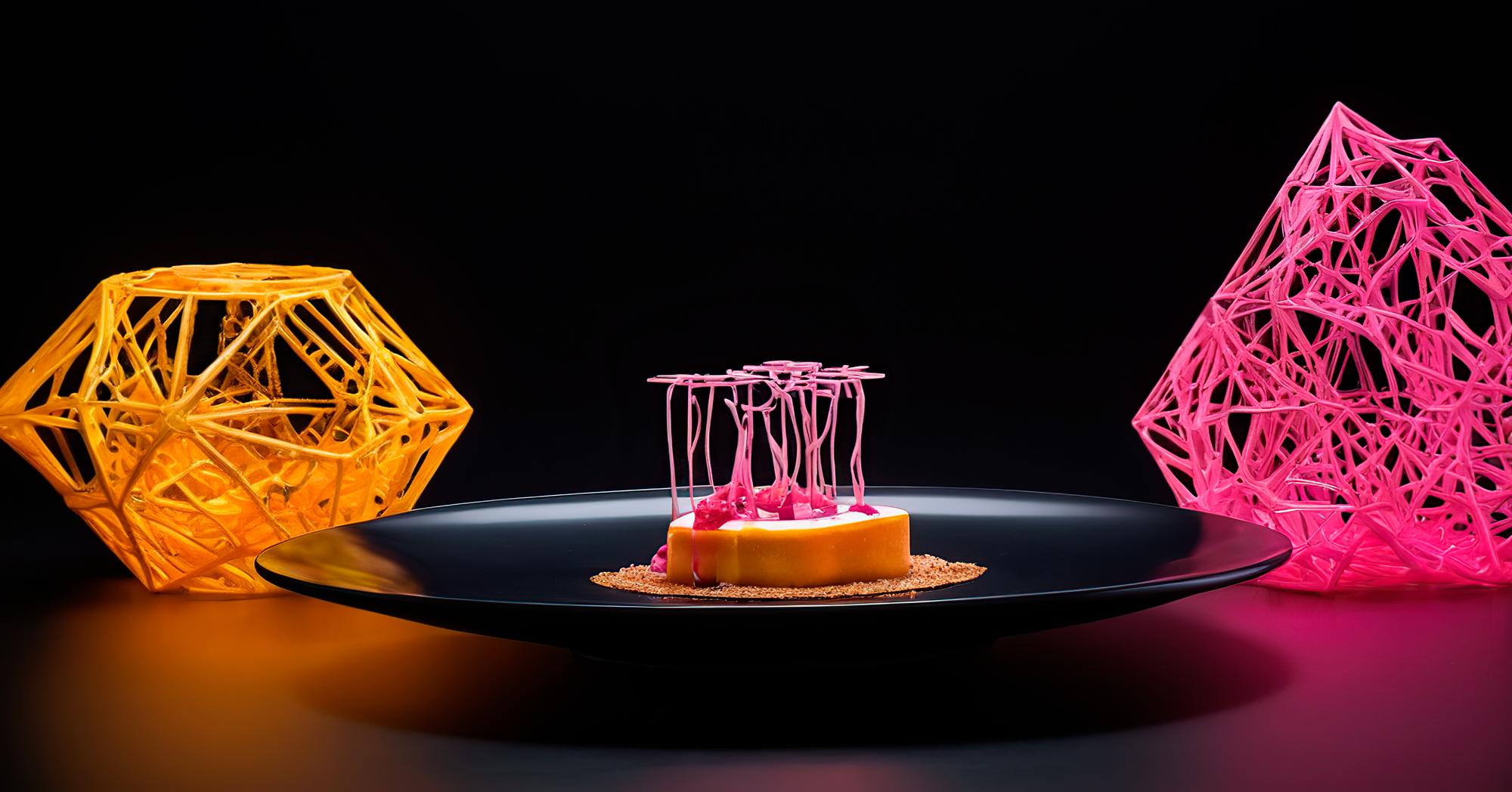 three plated dishes on a dark surface with neon accents